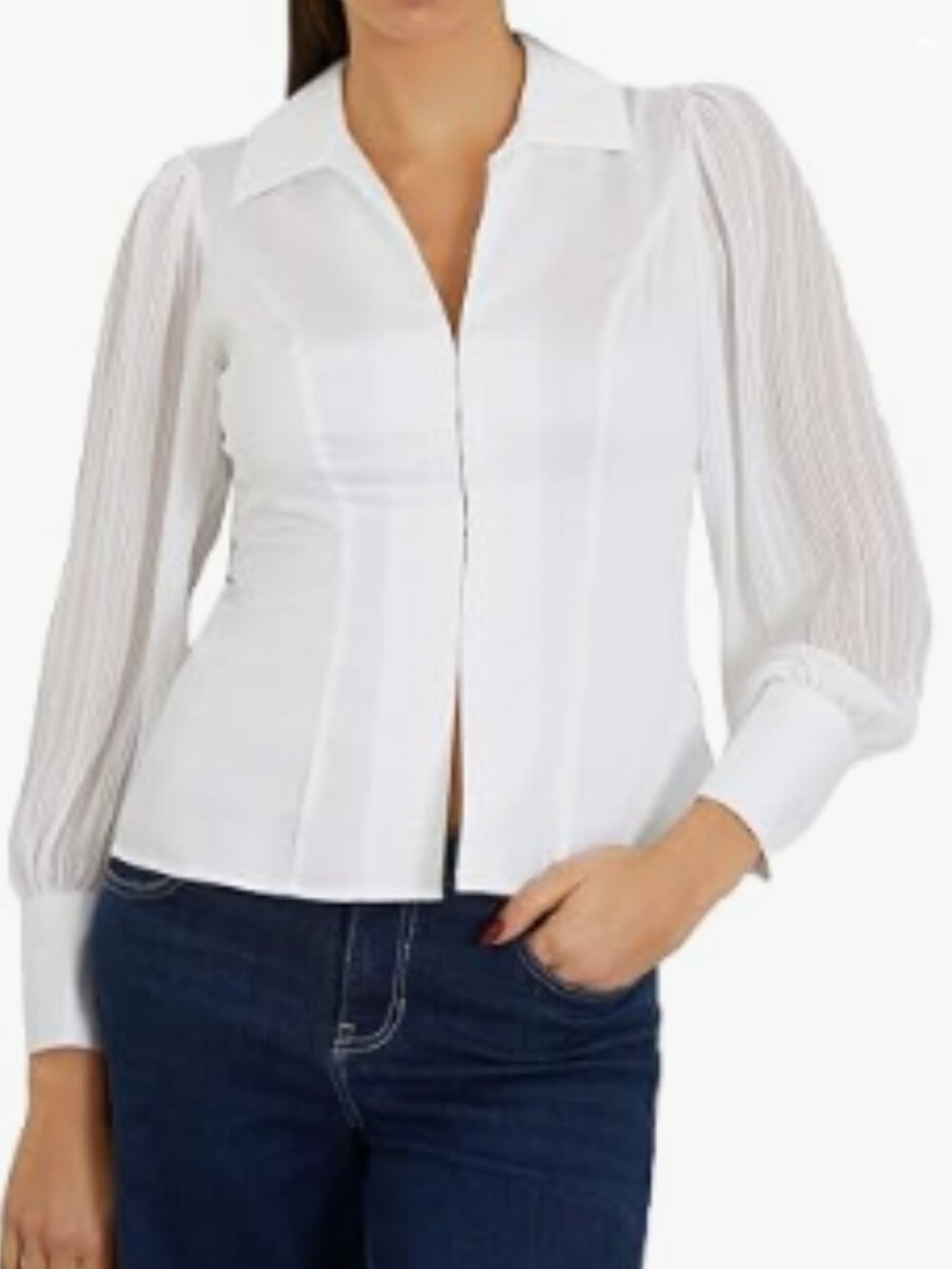 GUESS Amaria White Long Pleated Blouson Sleeve Tailored Blouse--NWT--XL